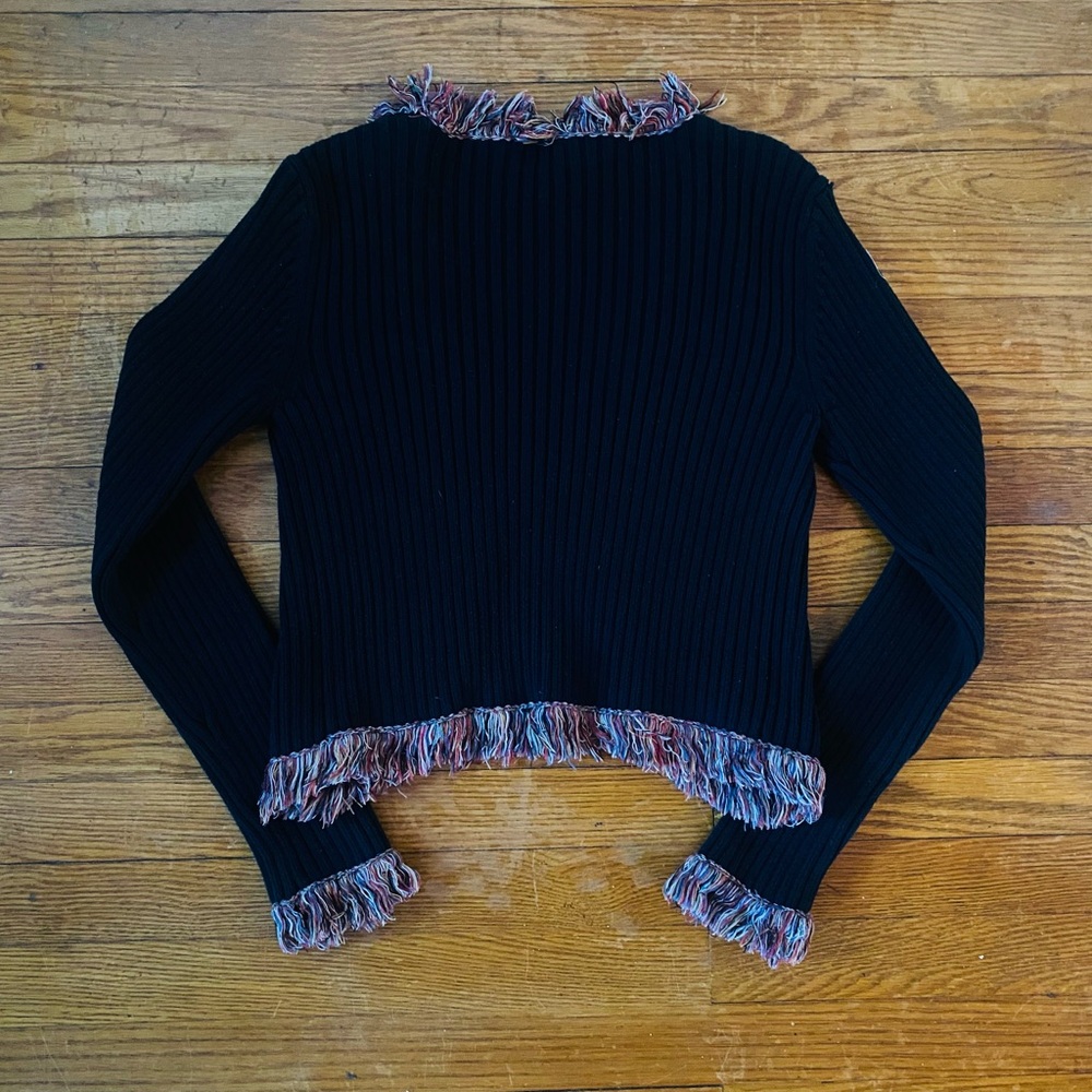 Y2k CROPPED BLACK RIBBED RAINBOW FRINGE TIE FRONT CARDIGAN - Picture 2 of 5